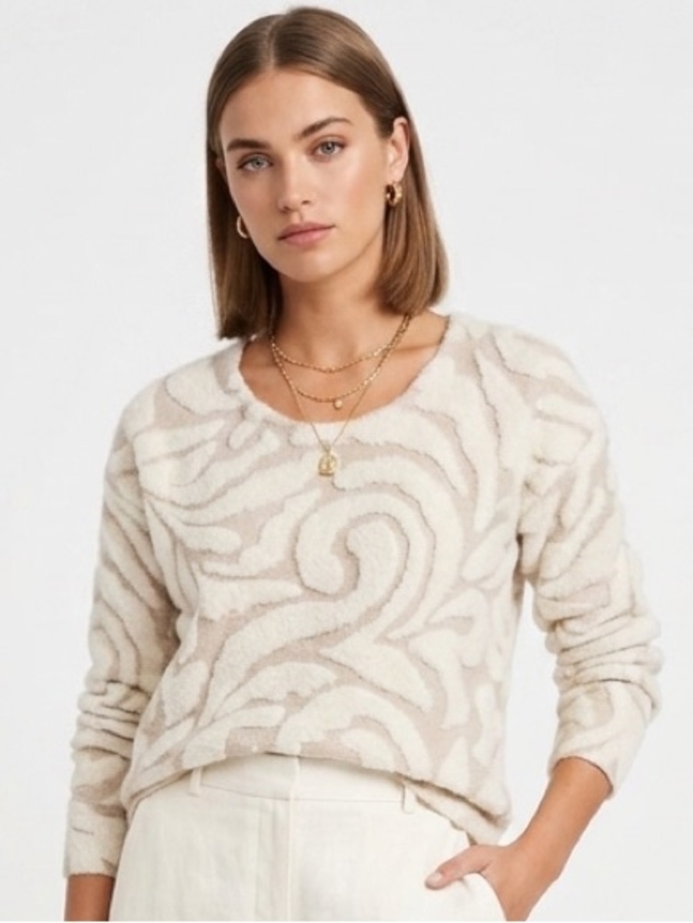 CYNTHIA ROWLEY Cozy Cream and Beige Patterned Women's Sweater